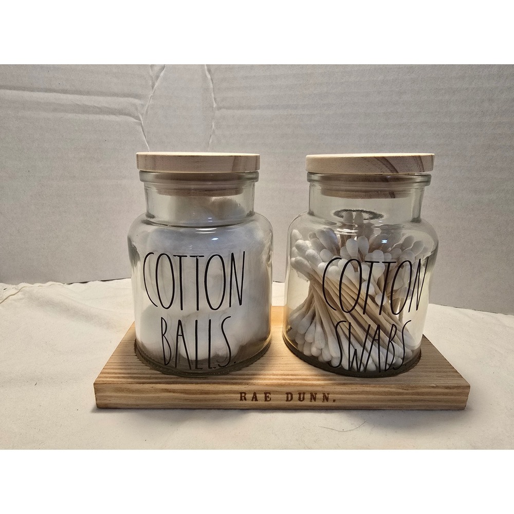 Rae Dunn Cotton Balls & Swabs Glass Jar Set with Wooden Tray Vanity Organizer